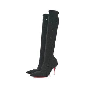 Christian Louboutin 80 Sock Knee-High Boots Black Metallic Stretch Knit EU 37